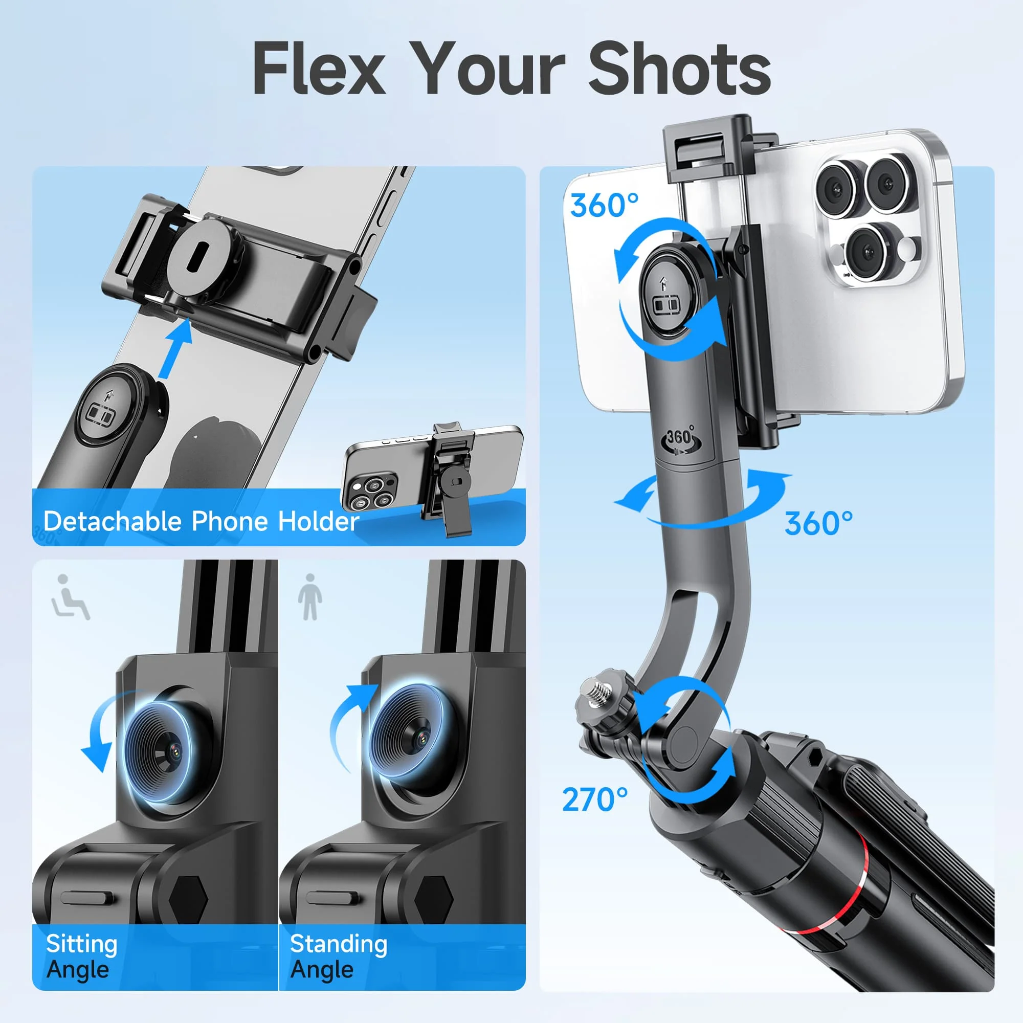 Moman TT07 Auto Tracking Tripod for Phone, with Auto-Open Base, 360° Pan & 270° Tilt, 18"-69" Selfie Stick, and Detachable Remote - Image 6