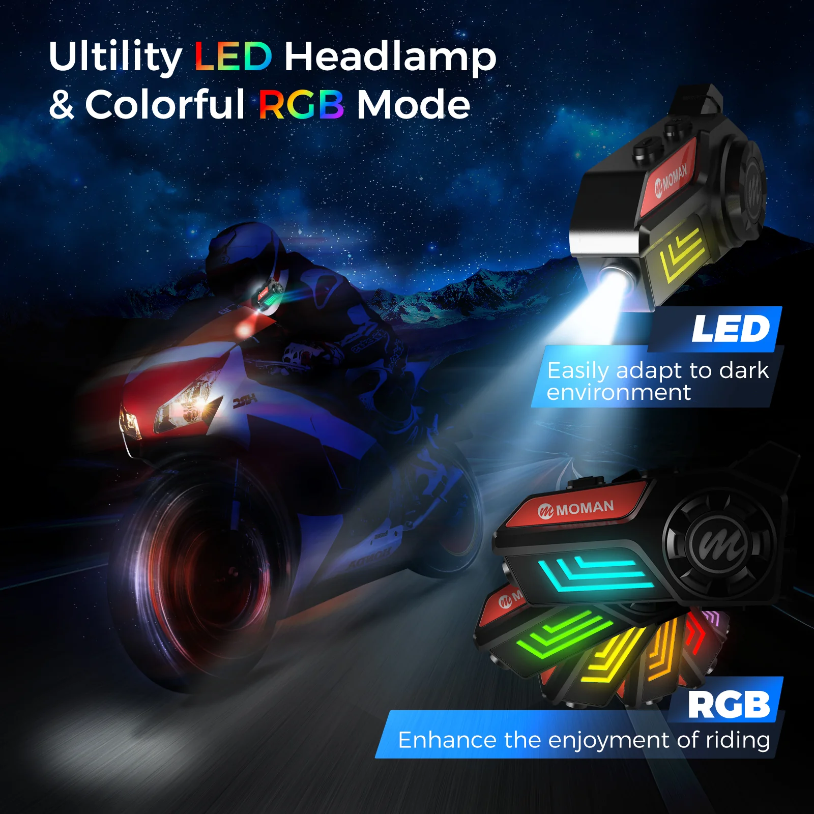 Moman H4S Bluetooth Headset for Dirt Bike Helmet with Headlight and RGB Lighting (Single Person Use) - Image 3