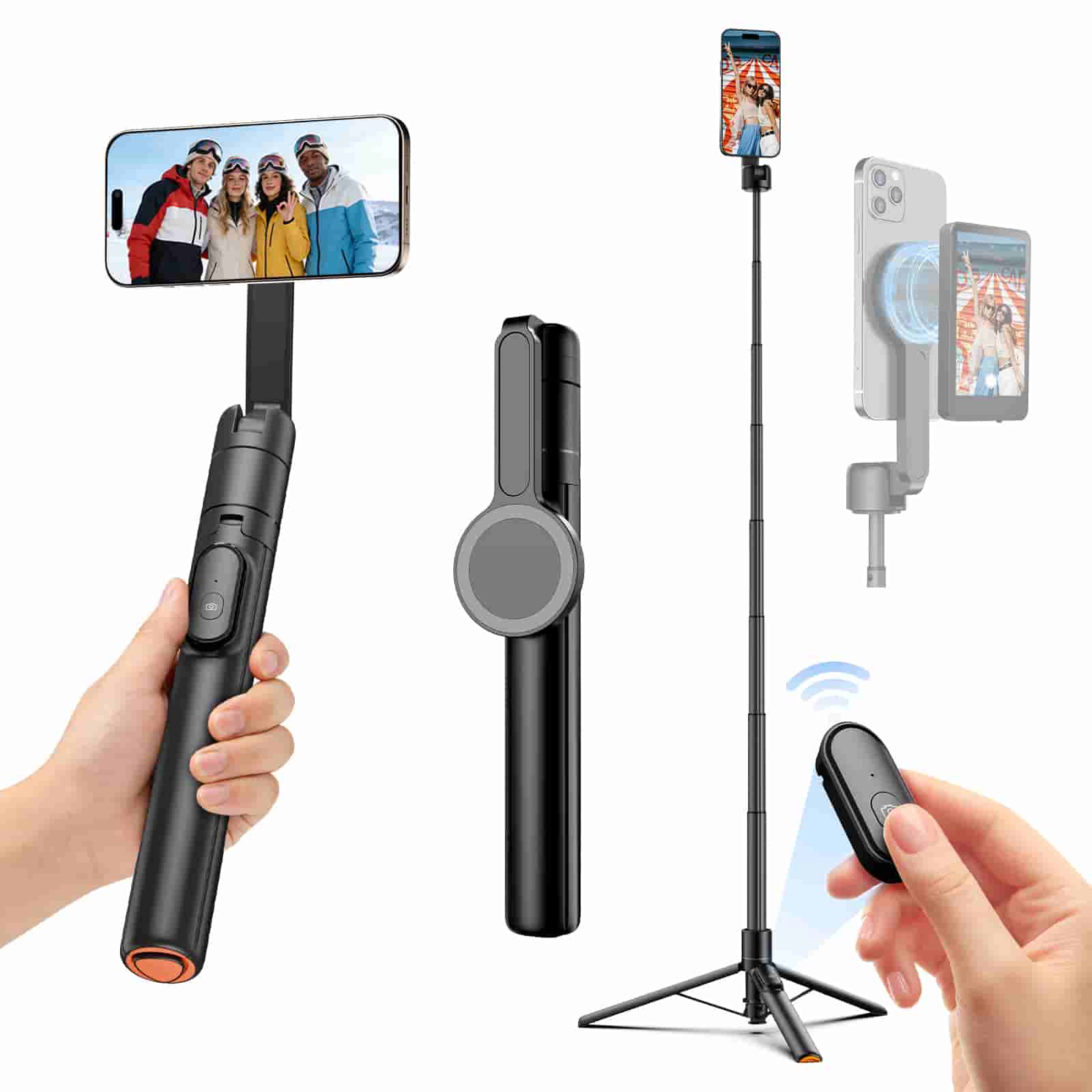 Moman WS22 Magnetic Selfie Stick Tripod, Double-Side MagSafe Magnetic Mount, with Auto-Deploy Stand, 13"–66" Height, 360° Rotatable Head - Image 10