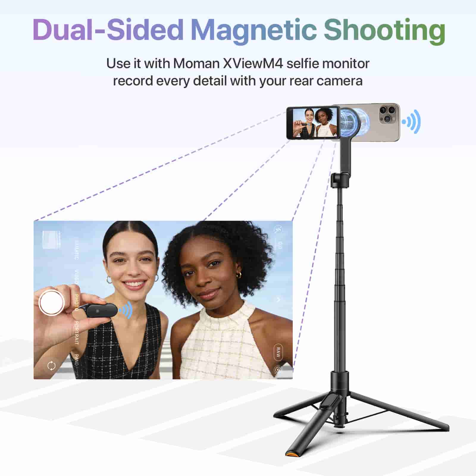 Moman WS22 Magnetic Selfie Stick Tripod, Double-Side MagSafe Magnetic Mount, with Auto-Deploy Stand, 13"–66" Height, 360° Rotatable Head - Image 6