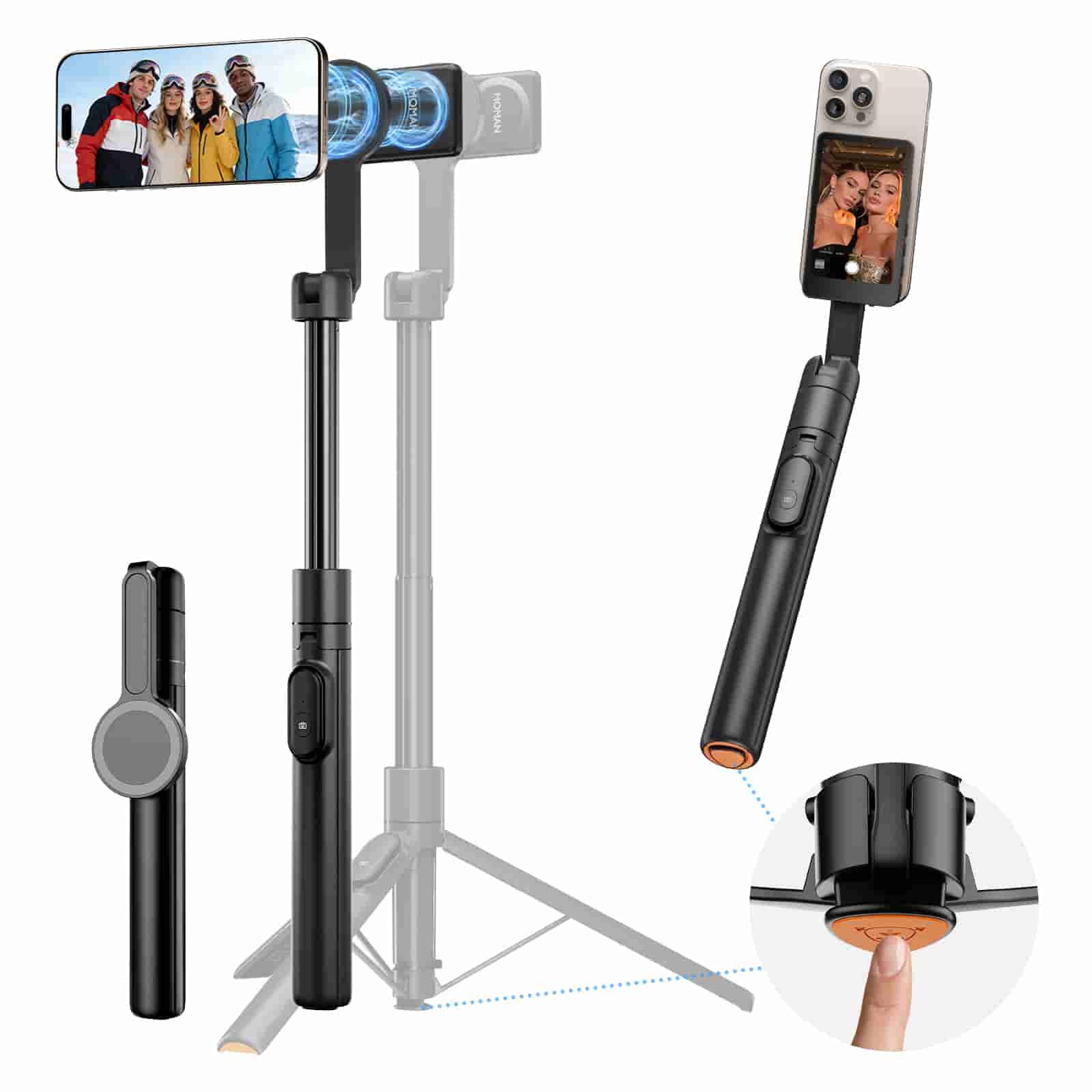 Moman WS22 Magnetic Selfie Stick Tripod, Double-Side MagSafe Magnetic Mount, with Auto-Deploy Stand, 13"–66" Height, 360° Rotatable Head - Image 9
