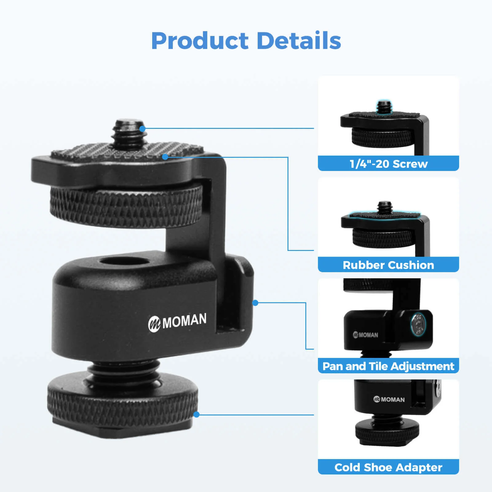 Moman BH02 Mini Tripod Ball Head, 1/4" Cold Shoe Mount for Panel light & Microphone & Monitor - Image 3