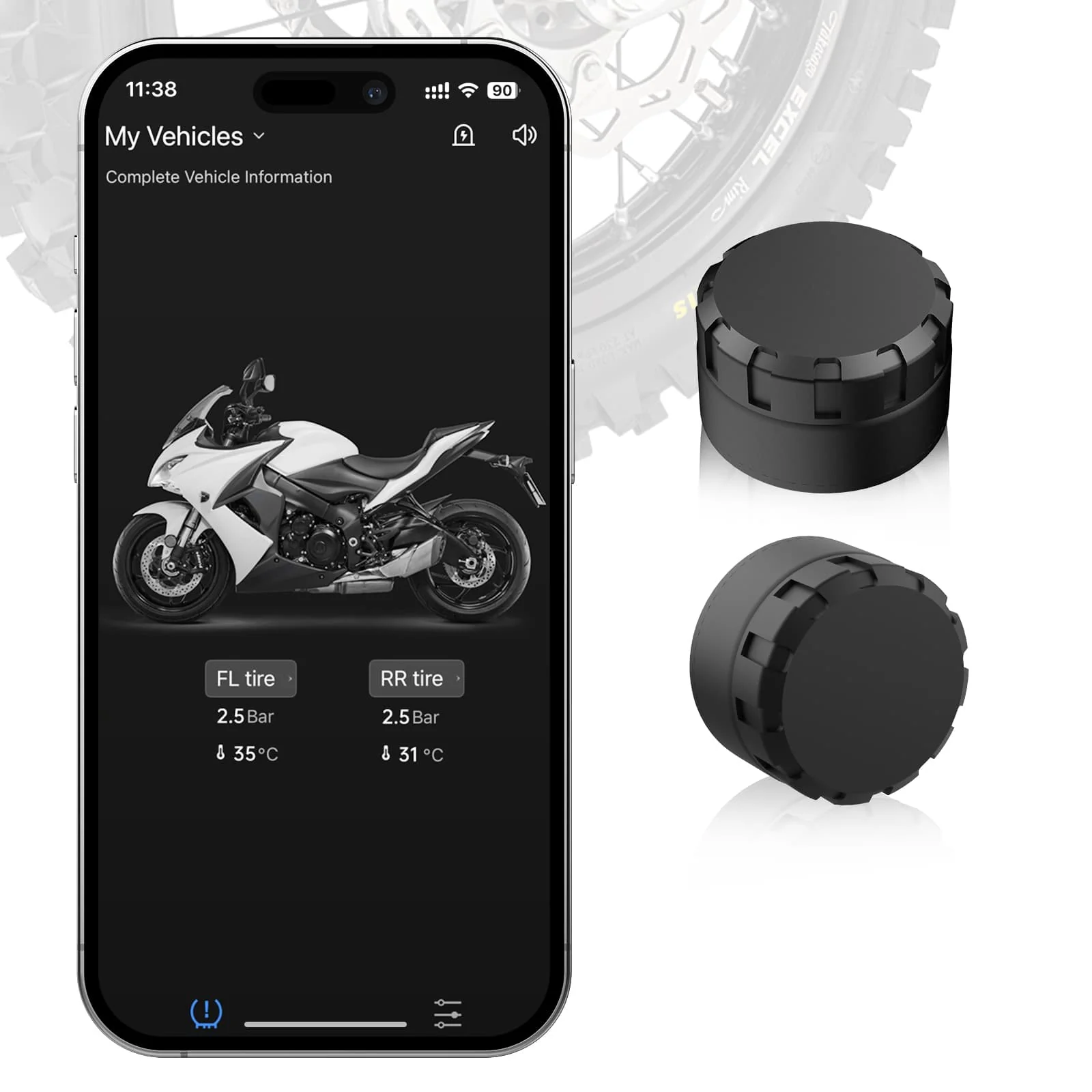 Moman M2 Motorcycle Tyre Pressure Monitor, Wireless TPMS with App Alerts, Instant Voice Warnings, Quick Setup & Rugged Design