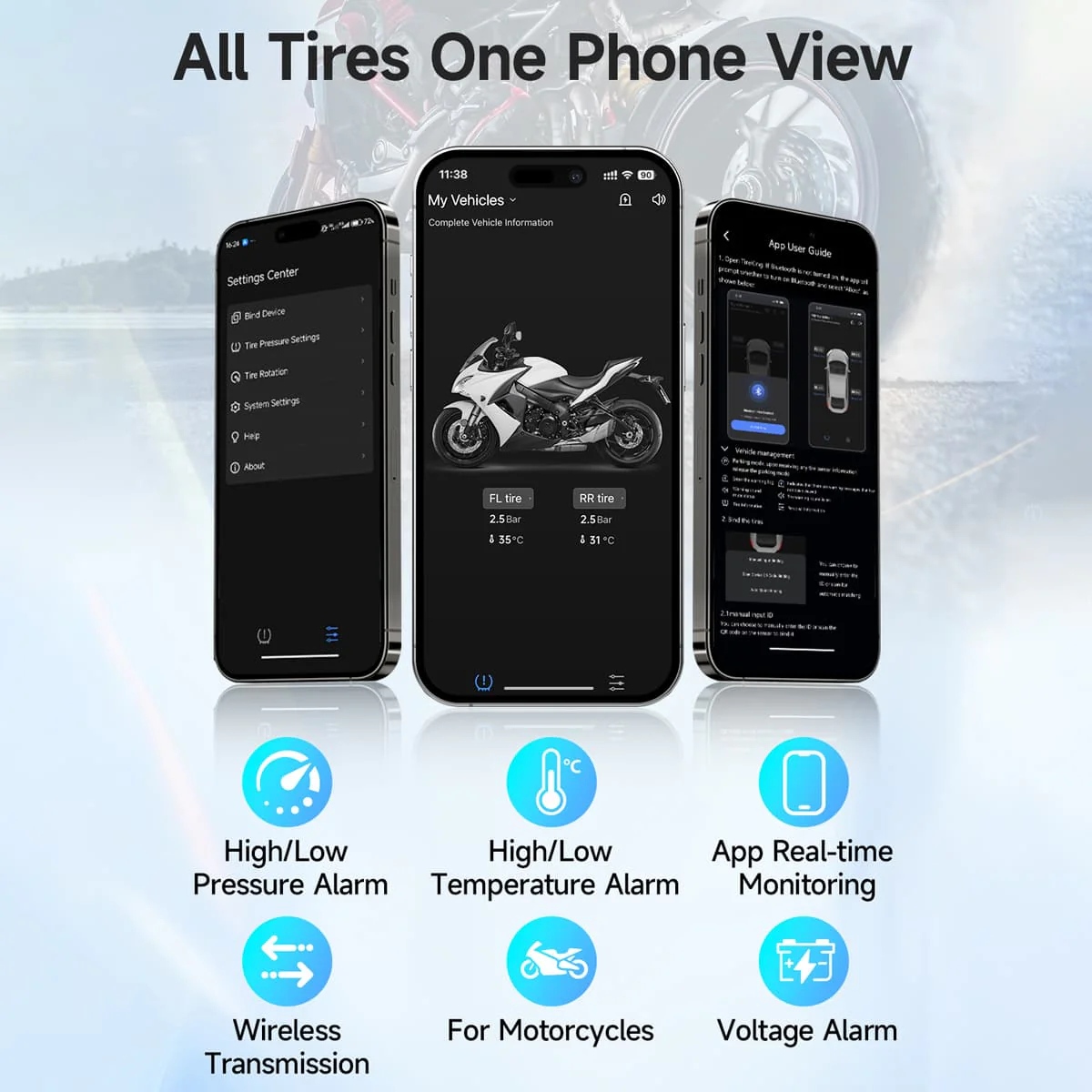Moman M2 Motorcycle Tyre Pressure Monitor, Wireless TPMS with App Alerts, Instant Voice Warnings, Quick Setup & Rugged Design - Image 2