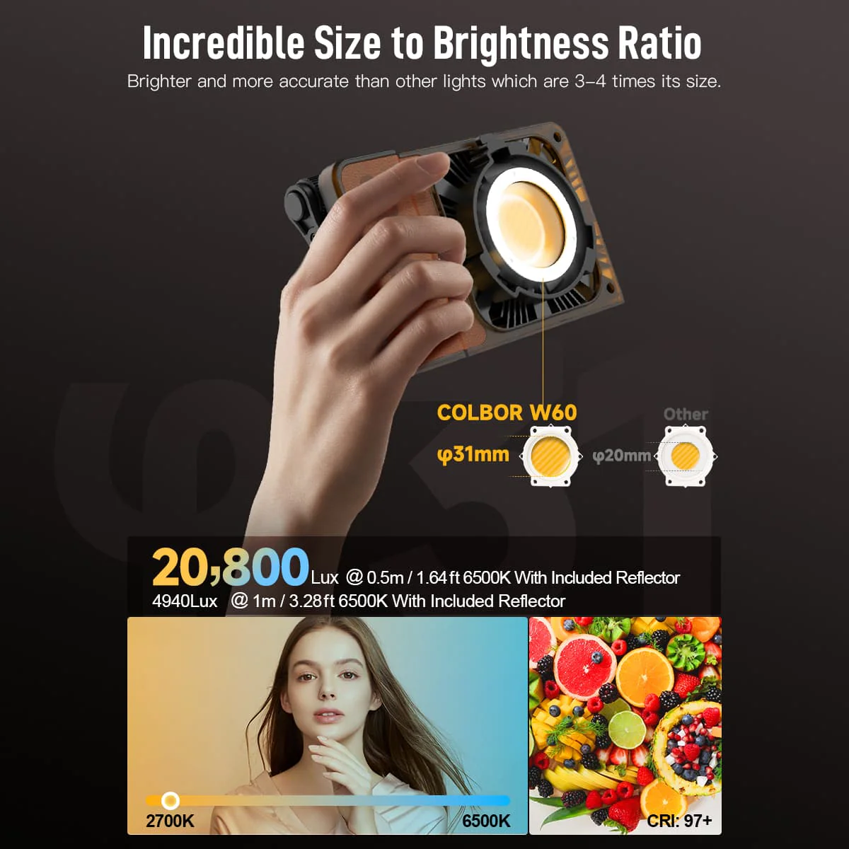 COLBOR W60/W60R Portable LED Video Light with 60W COB Output, CRI 97+, Mount-attached Design - Image 6