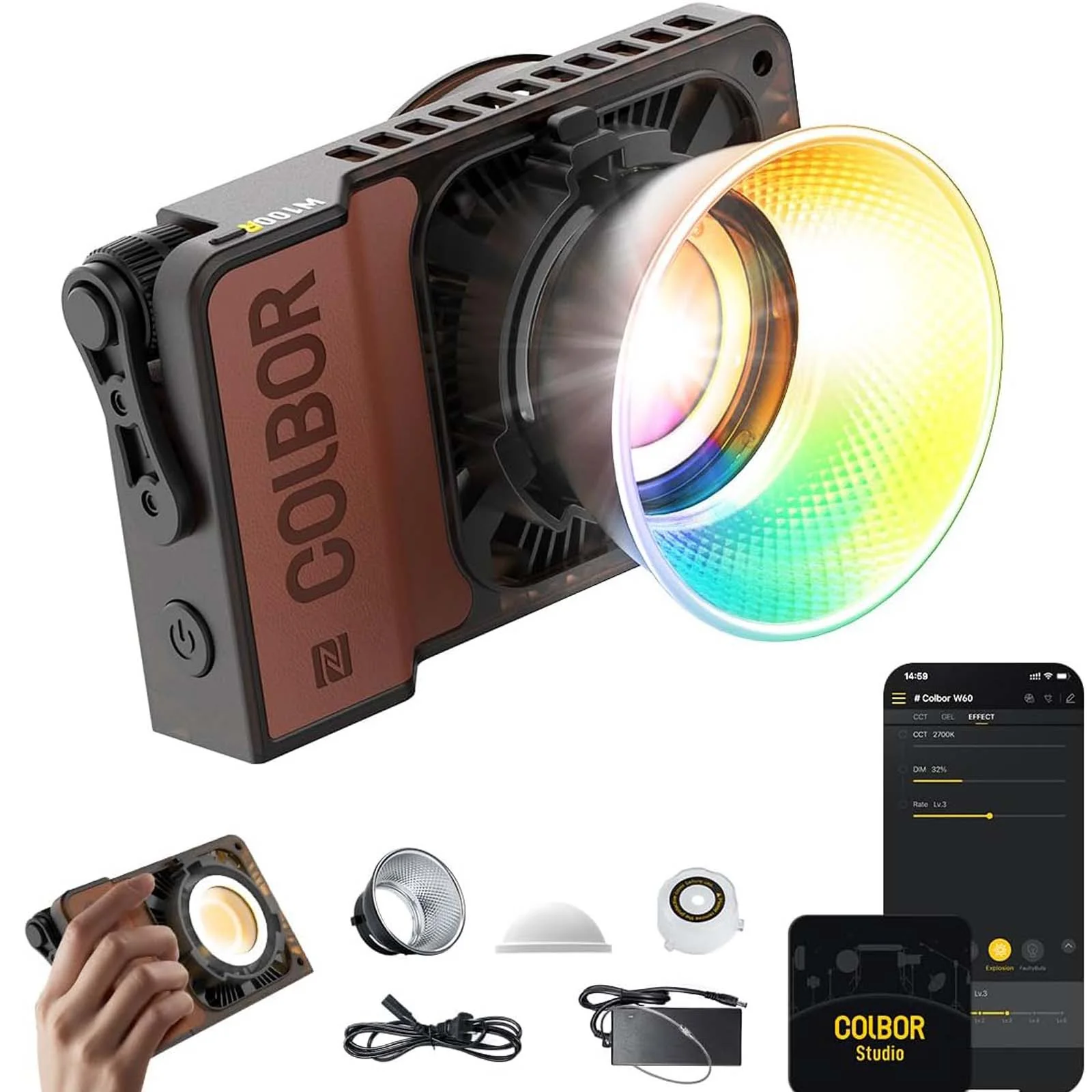COLBOR W100R RGB Photography Light, 100W Power, 2700-6500K Full Color CRI97+ TLCI98+, with APP Control