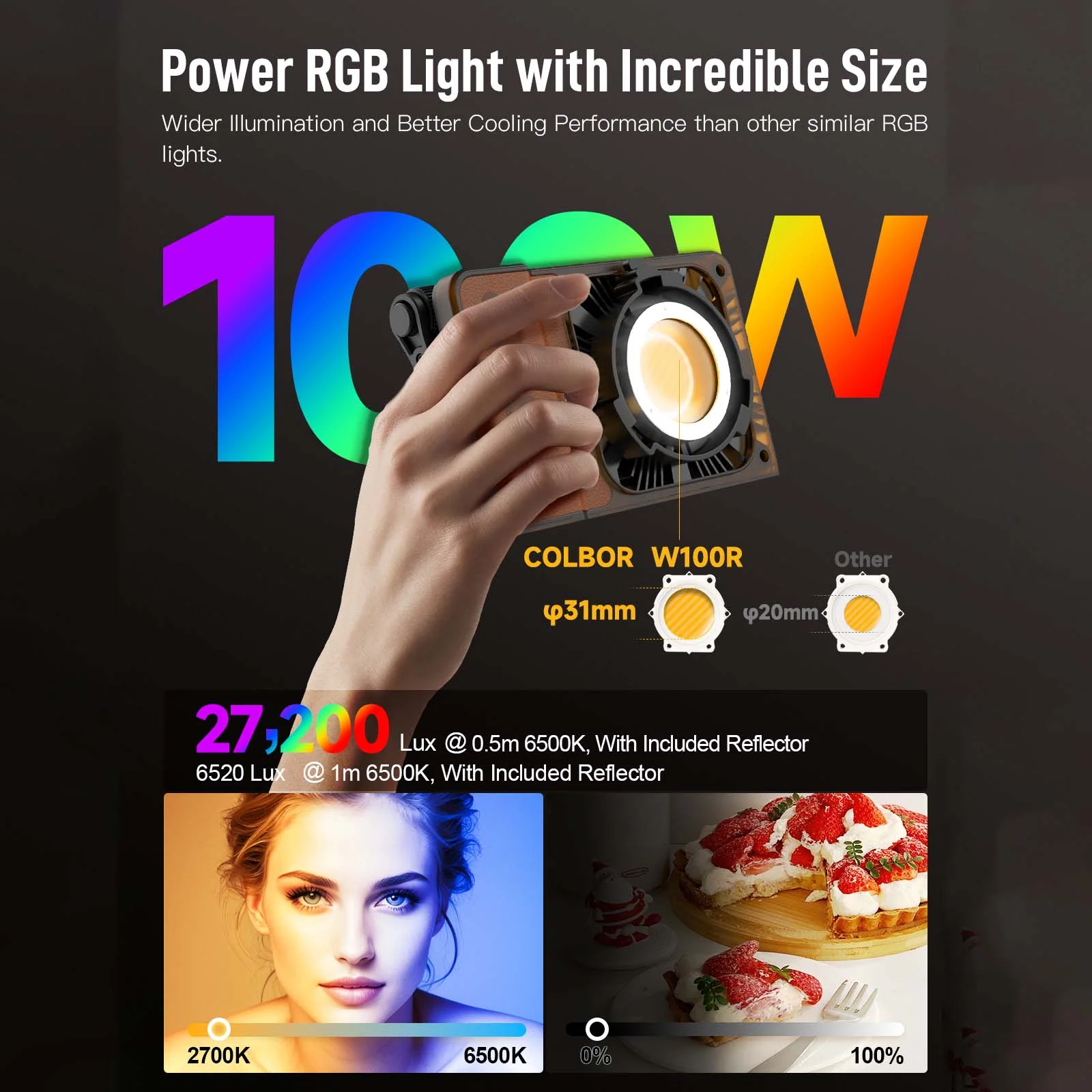 COLBOR W100R RGB Photography Light, 100W Power, 2700-6500K Full Color CRI97+ TLCI98+, with APP Control - Image 3
