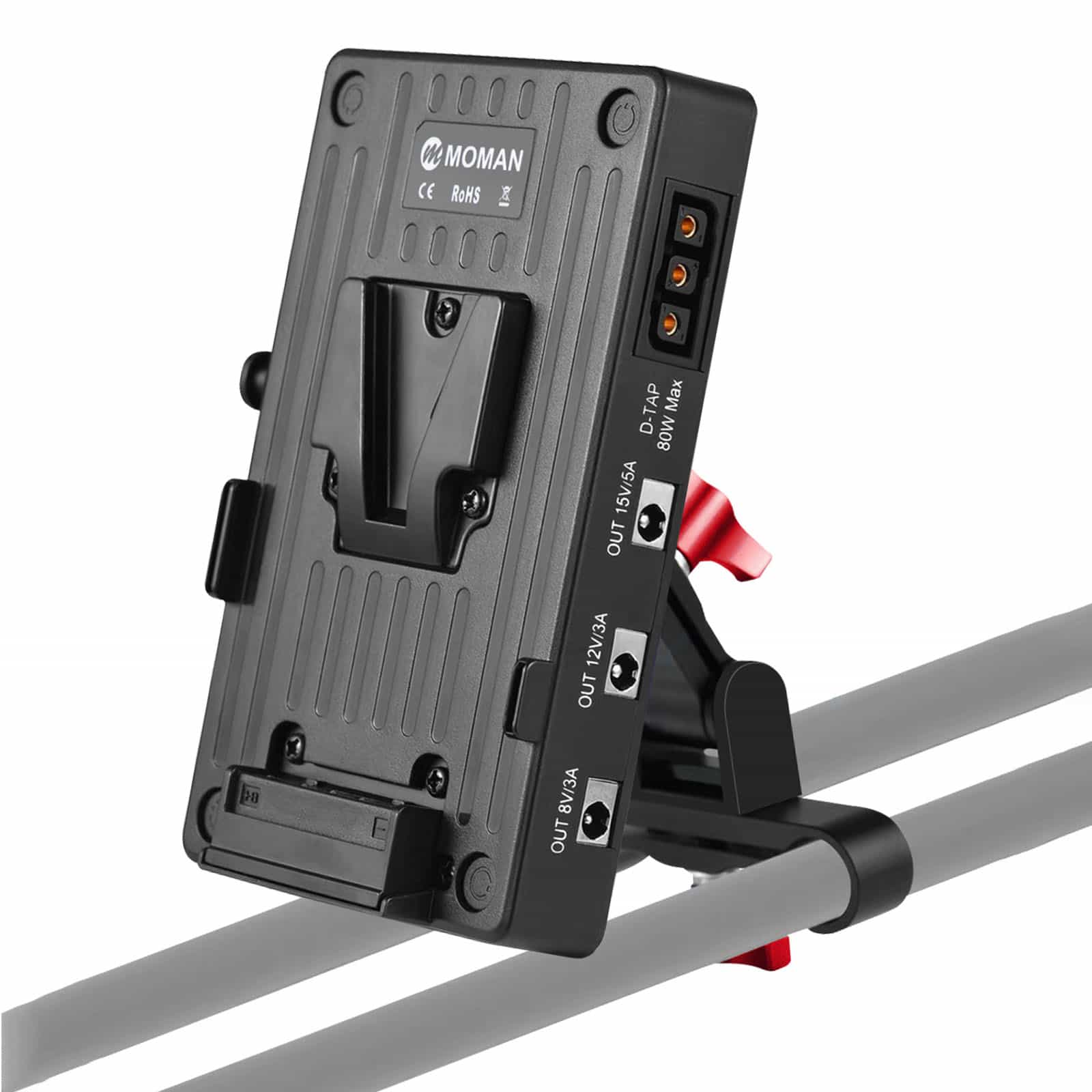Moman VBP2 V Mount Battery Plate with 15mm Rod Clamp, USB-C Output, 3 DC Ports, and Dual D-tap Ports Featured