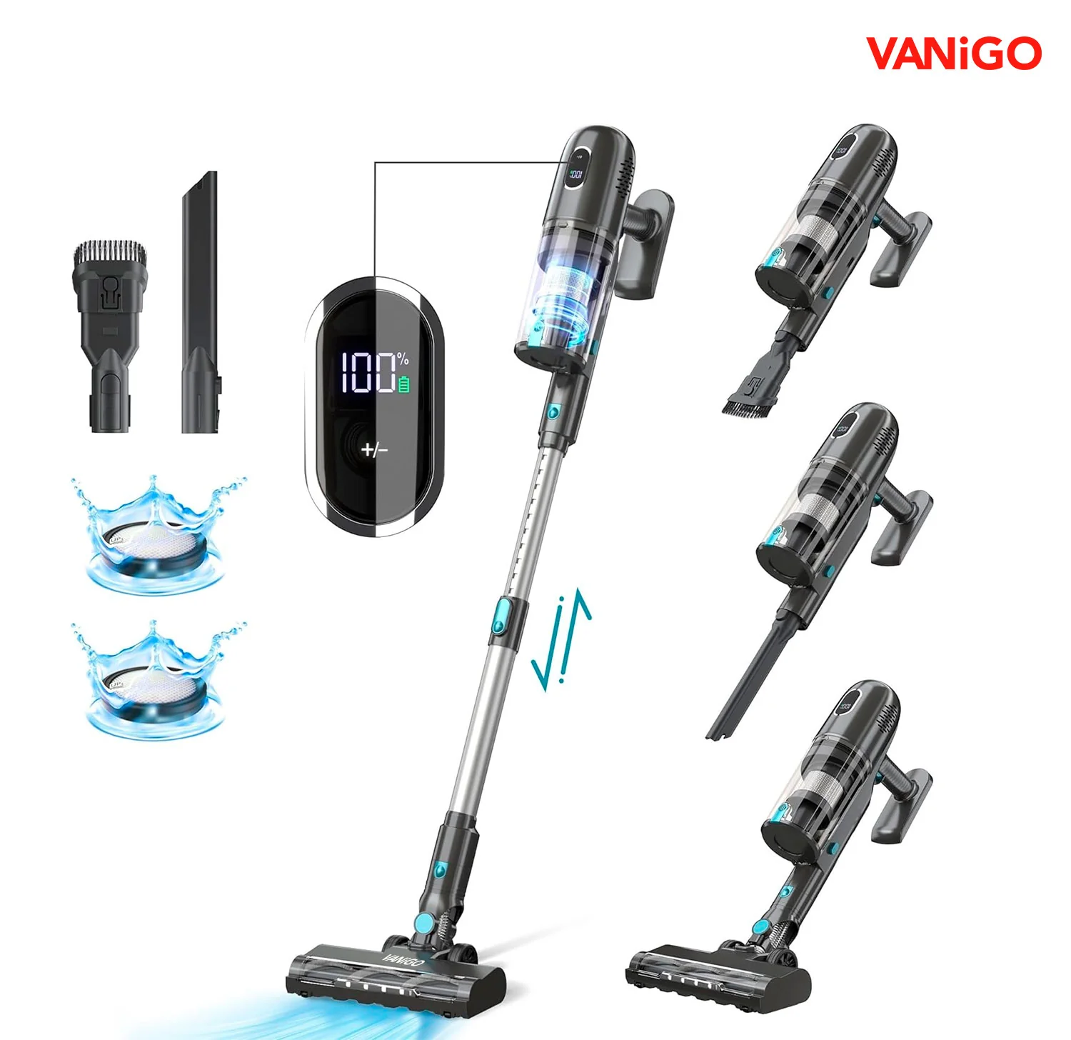 VANiGO Cordless Vacuum Cleaner, 38Kpa Powerful Stick Vacuum with Brushless Motor, LED Touch Display, 45 Mins Long Runtime, Self-Standing Lightweight Vacuum for Hard Floor Carpet Hair, P1-Pro