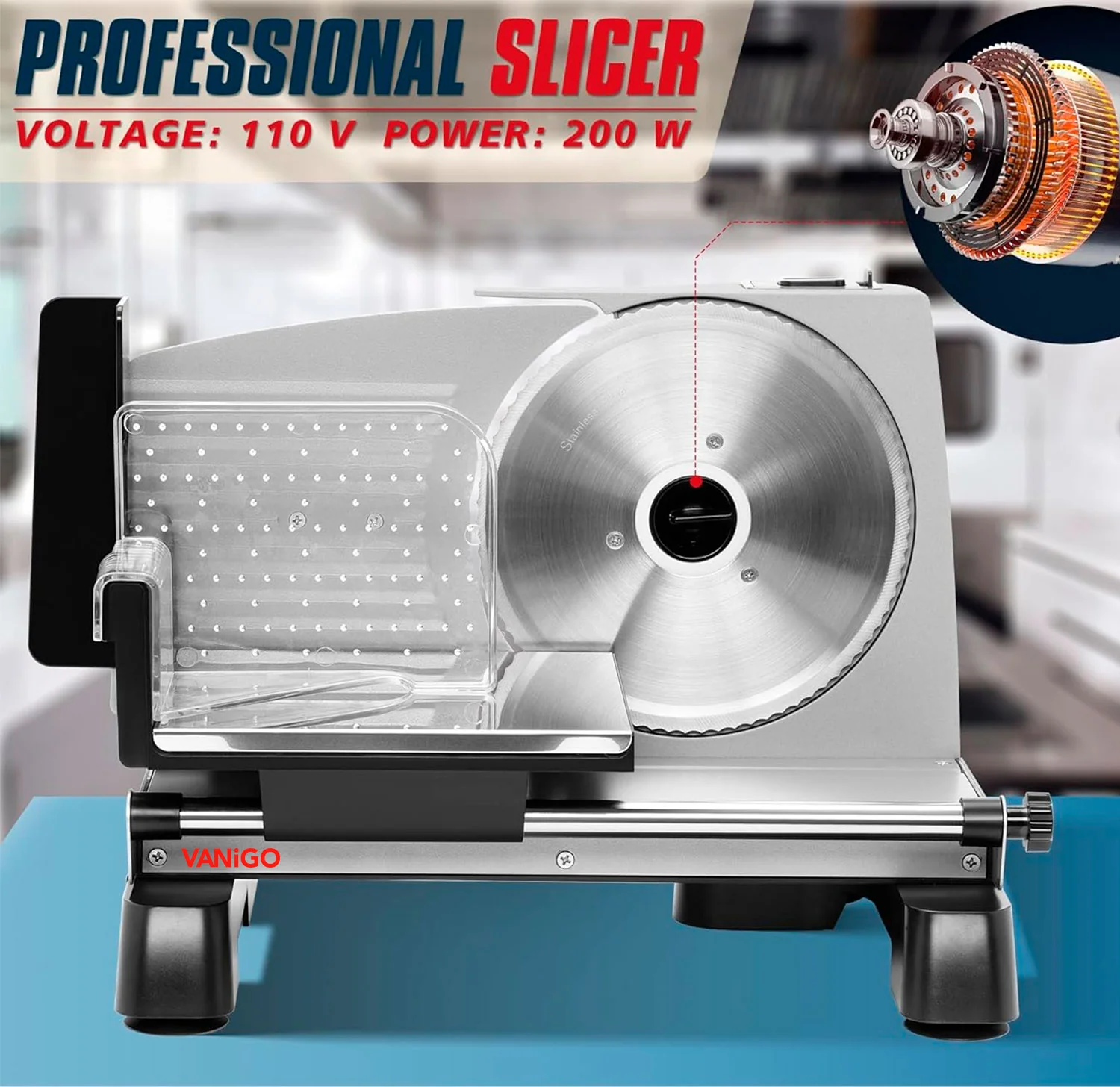 VANiGO Electric Deli Slicer With Adjustable Slices, Stainless Steel Blades, Safe Feet - For Ham, Cheese, Bread, Fruit & Veggies - Image 2