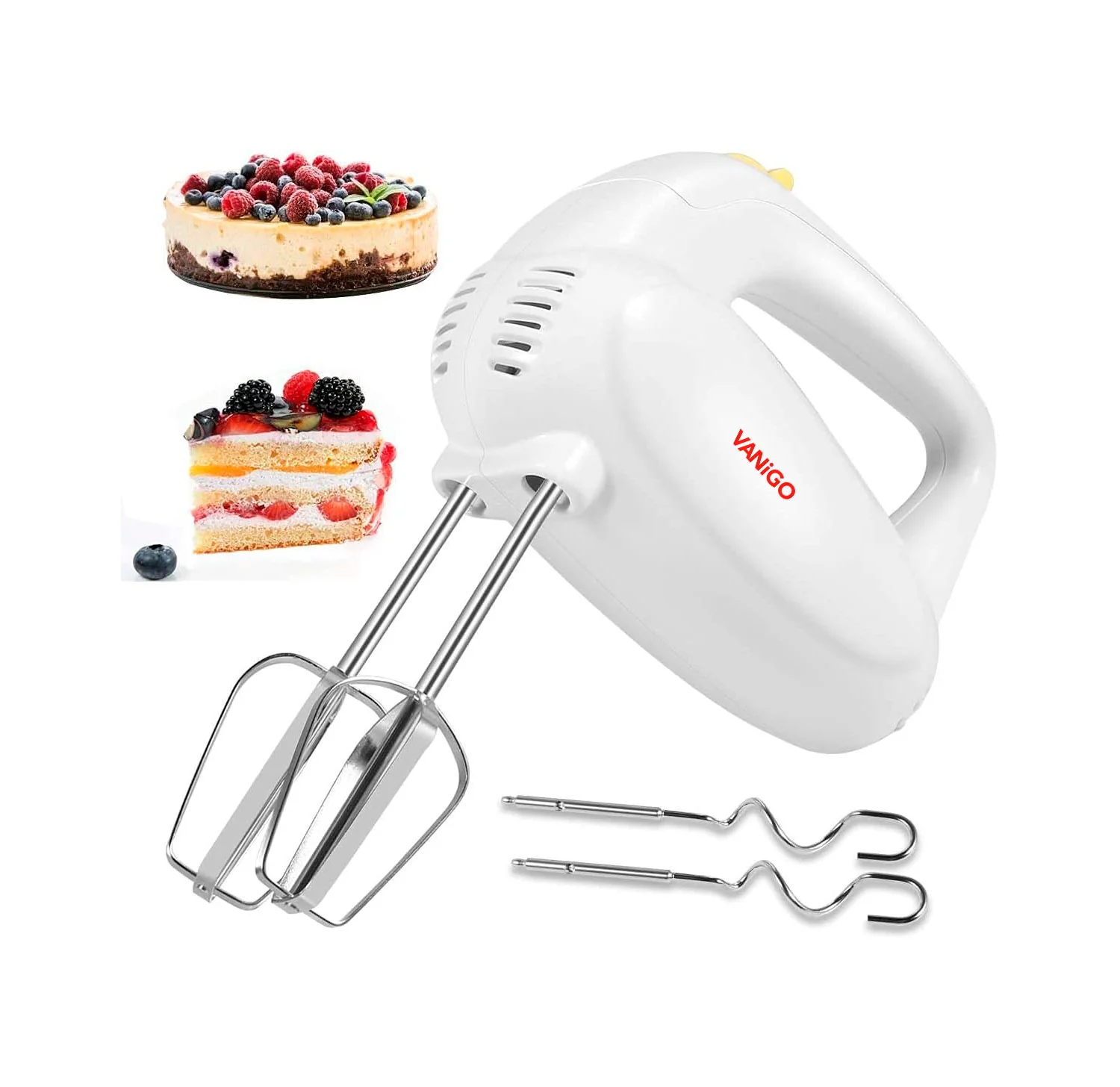 VANiGO Hand Mixer Electric, 5-Speed Kitchen Handheld Mixer with Turbo Egg Separator, 4 Stainless Steel Accessories for Easy WhippingMixing CookiesBrowniesCakes, White- New