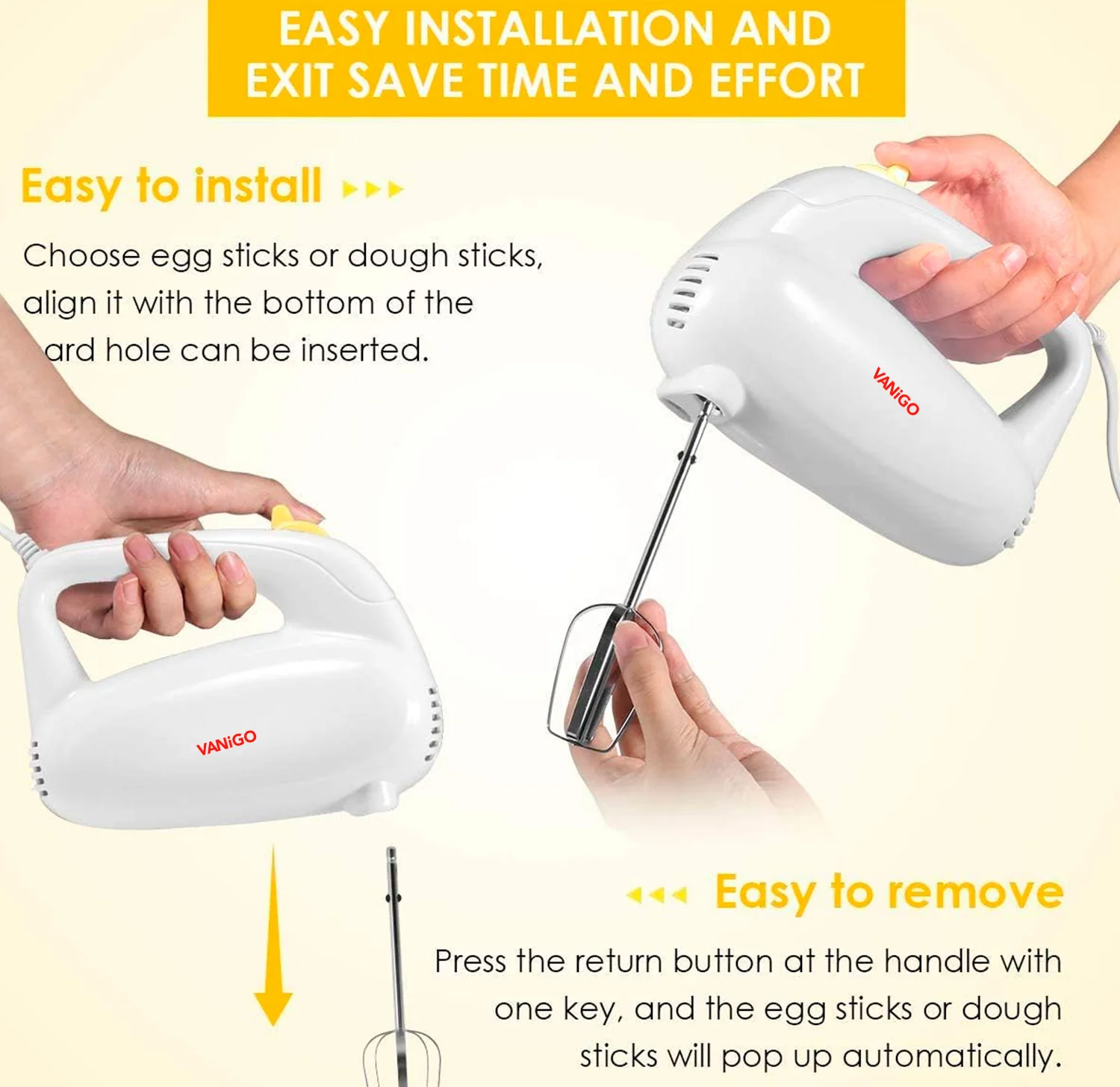 VANiGO Hand Mixer Electric, 5-Speed Kitchen Handheld Mixer with Turbo Egg Separator, 4 Stainless Steel Accessories for Easy WhippingMixing CookiesBrowniesCakes, White- New - Image 3