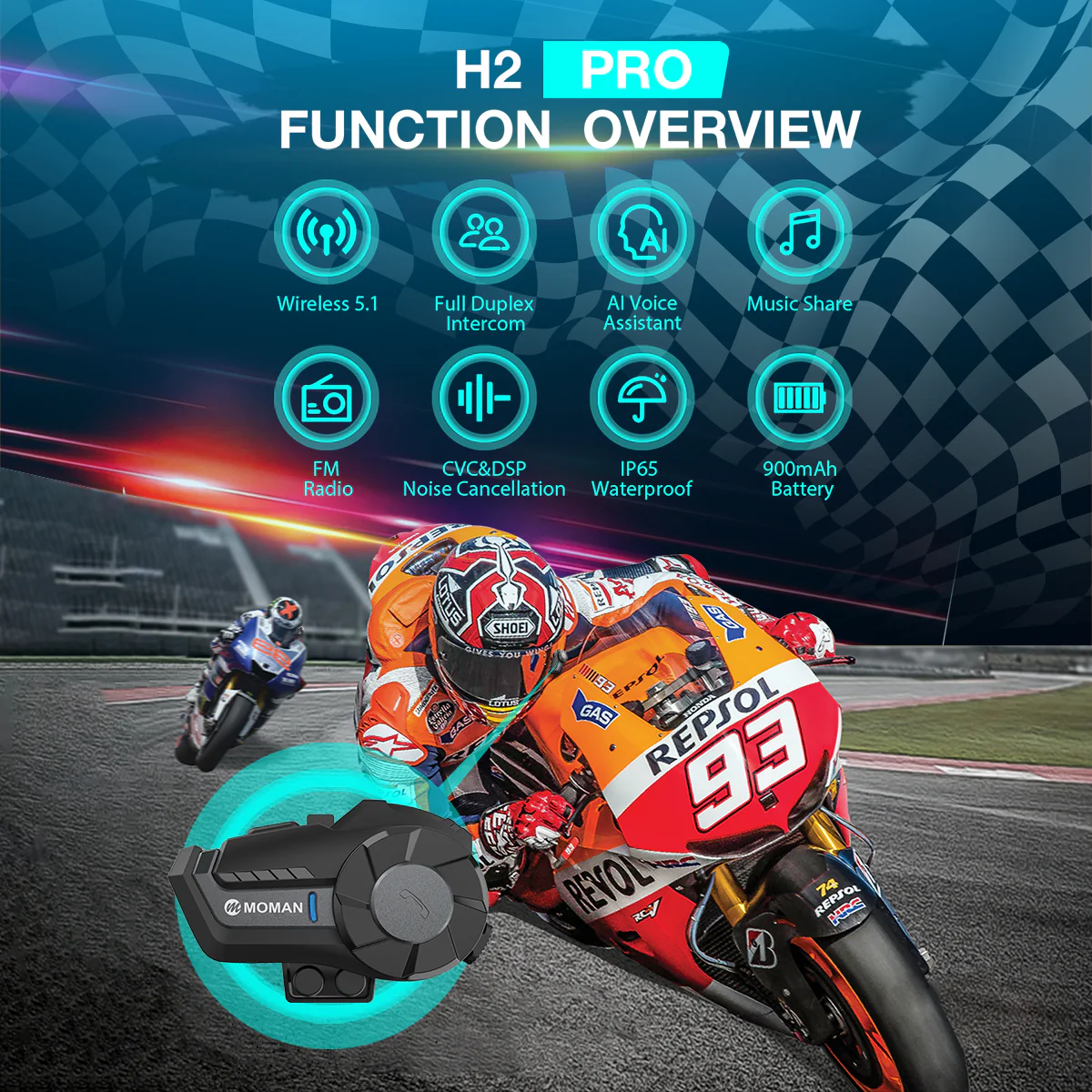 Moman H2 Pro Voice Activated Intercom for Two Motorcycle Riders, Wireless Communication, Music Share, FM Radio Featured (Single or Two Packs) - Image 3